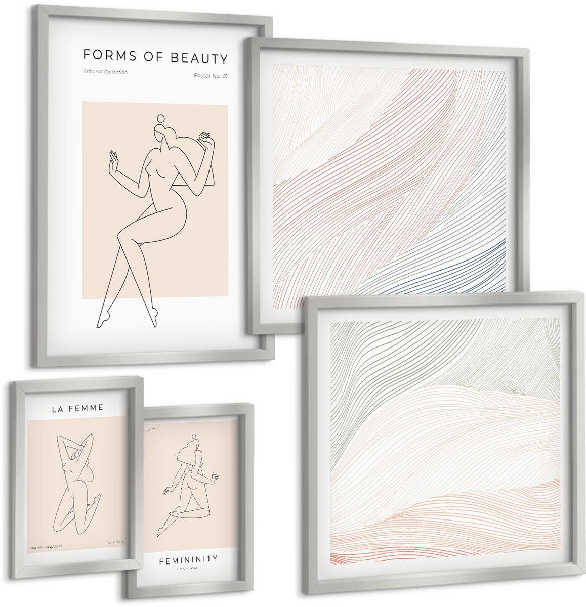 TULUP 4-Delige Schilderij Set - Prachtige vormen, lijnen en silhouetten in een minimalistische stijl. - 50 x 50 cm, 20 x 30 cm en 40 x 60 cm - Wanddecoratie - Moderne Interieurdecoratie - Woonkamer Decoratie Zilveren lijst