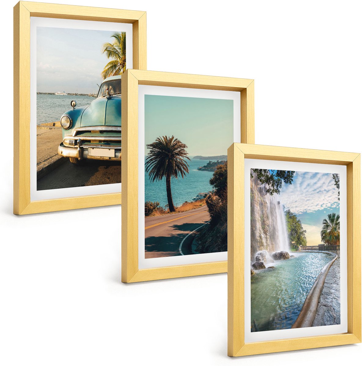 TULUP 4-Delige Schilderij Set - Vakantielandschappen met palmbomen en een waterval - 20 x 30 cm - Wanddecoratie - Moderne Interieurdecoratie - Moderne Wanddecoratie Gouden lijst