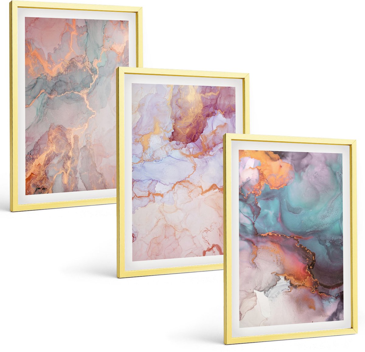 TULUP 4-Delige Schilderij Set - Abstracte patronen in pastelkleuren met accenten - 40 x 60 cm - Stijlvolle Muurdecoratie - Kantoor - Interieur Decoratie Gouden lijst