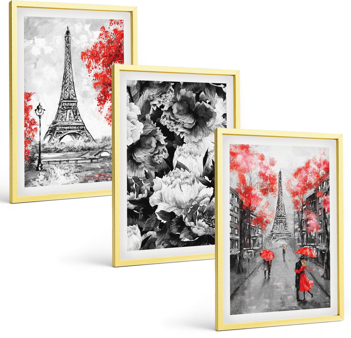 TULUP 4-Delige Schilderij Set - Eiffeltoren in grijs met rode accenten - 40 x 60 cm - Wanddecoratie - Muurdecoratie - Moderne Interieurdecoratie Gouden lijst