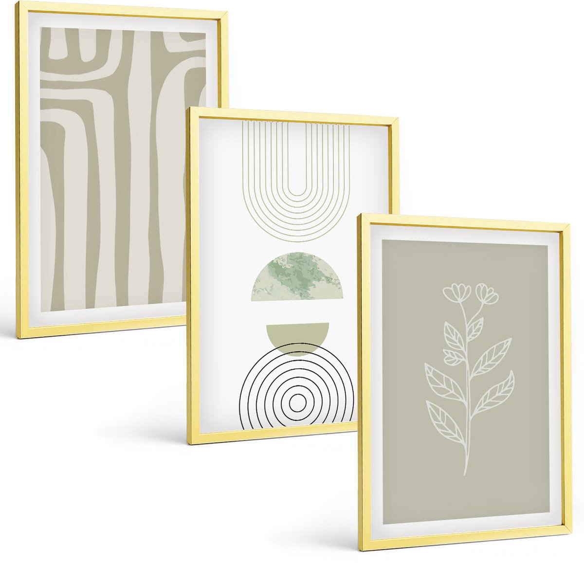TULUP 4-Delige Schilderij Set - Geometrische patronen met plantenaccenten in groene tinten. - 40 x 60 cm - Stijlvolle Muurdecoratie - Kantoor - Decoratieve Schilderijen Gouden lijst