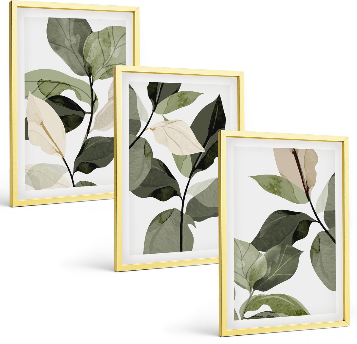 TULUP 4-Delige Schilderij Set - Geschilderde delicate boho-plantenbladeren - 40 x 60 cm - Wanddecoratie - Schilderijen Set - Interieur - Stijlvolle Muurdecoratie Gouden lijst