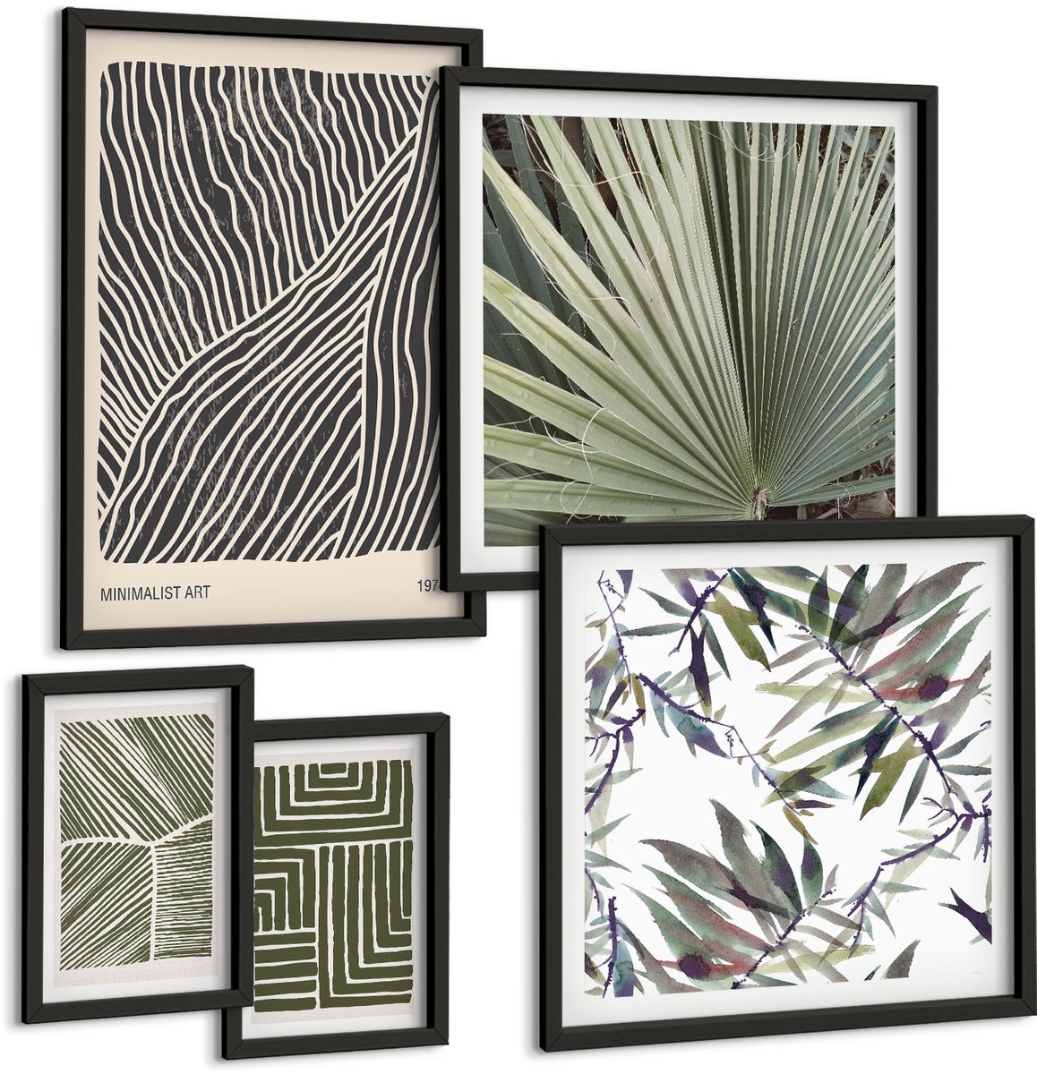 Tulup 4-Delige Schilderij Set - Plantenpatronen in een minimalistische stijl voor interieurs - 50 x 50 cm, 20 x 30 cm en 40 x 60 cm - Stijlvolle Wanddecoratie - Interieur - Stijlvolle Muurdecoratie