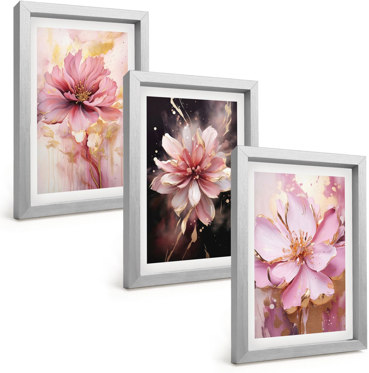 Tulup 4-Delige Schilderij Set - Bloemencomposities in roze en witte tinten. - 20 x 30 cm - Decoratieve Schilderijen - Wanddecoratie - Hal - Muurdecoratie