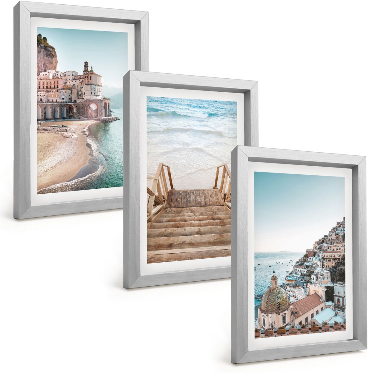 Tulup 4-Delige Schilderij Set - Zomerse pastelkleuren met architectuur aan zee en strand - 20 x 30 cm - Muurdecoratie - Wanddecoratie - Slaapkamer - Moderne Wanddecoratie