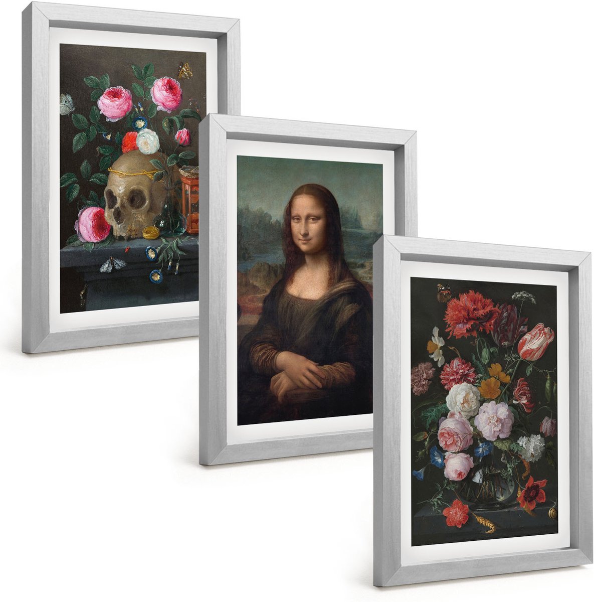 Tulup 4-Delige Schilderij Set - Vintage bloemen, schedel en Mona Lisa-portret van Leonardo Da Vinci - 20 x 30 cm - Decoratieve Muurdecoratie - Slaapkamer