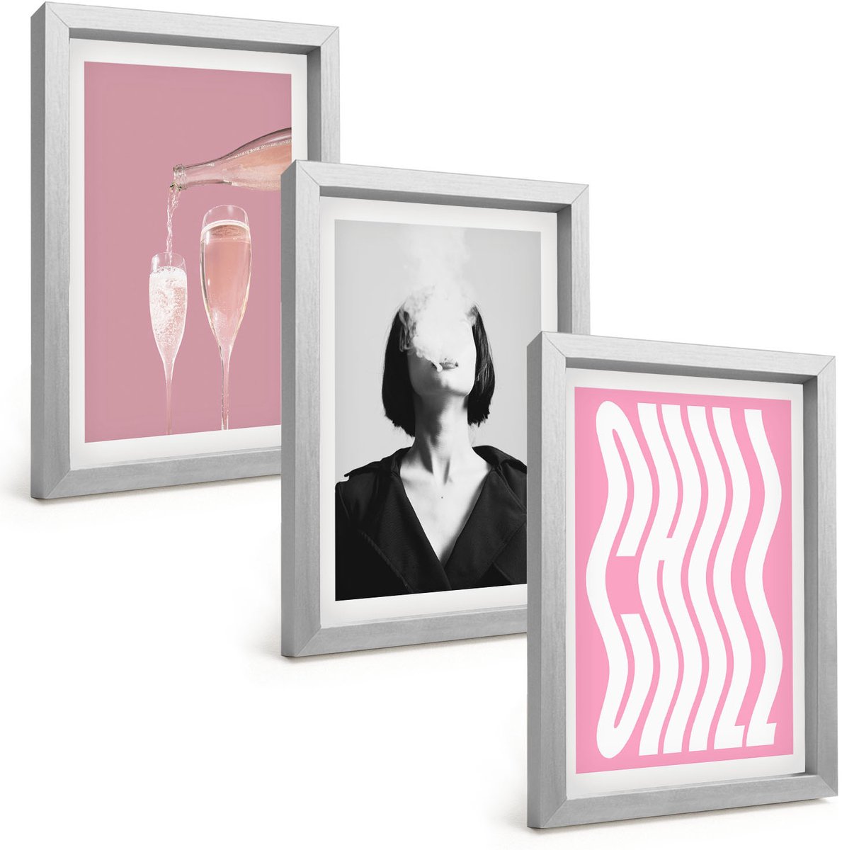 Tulup 4-Delige Schilderij Set - Stijlvol portret van een vrouw, champagne en ontspanning. - 20 x 30 cm - Muurdecoratie - Decoratieve Schilderijen - Wohnzimmer - Moderne Wanddecoratie