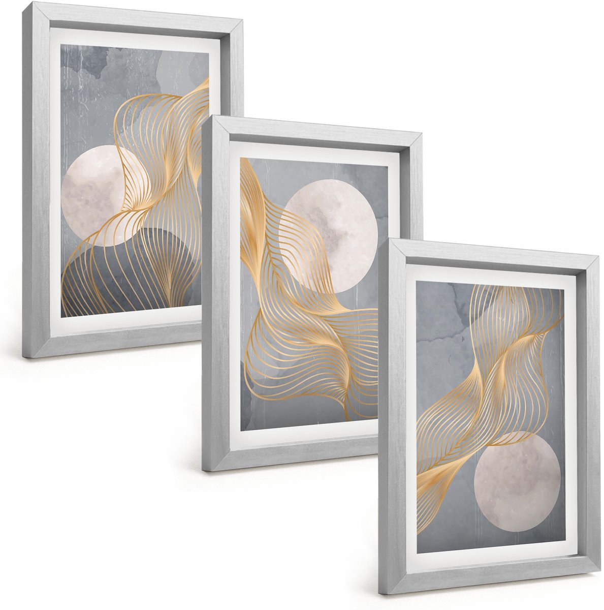Tulup 4-Delige Schilderij Set - Abstracte patronen met golven en cirkels op een grijze achtergrond. - 20 x 30 cm - Decoratieve Schilderijen - Wanddecoratie - Hal