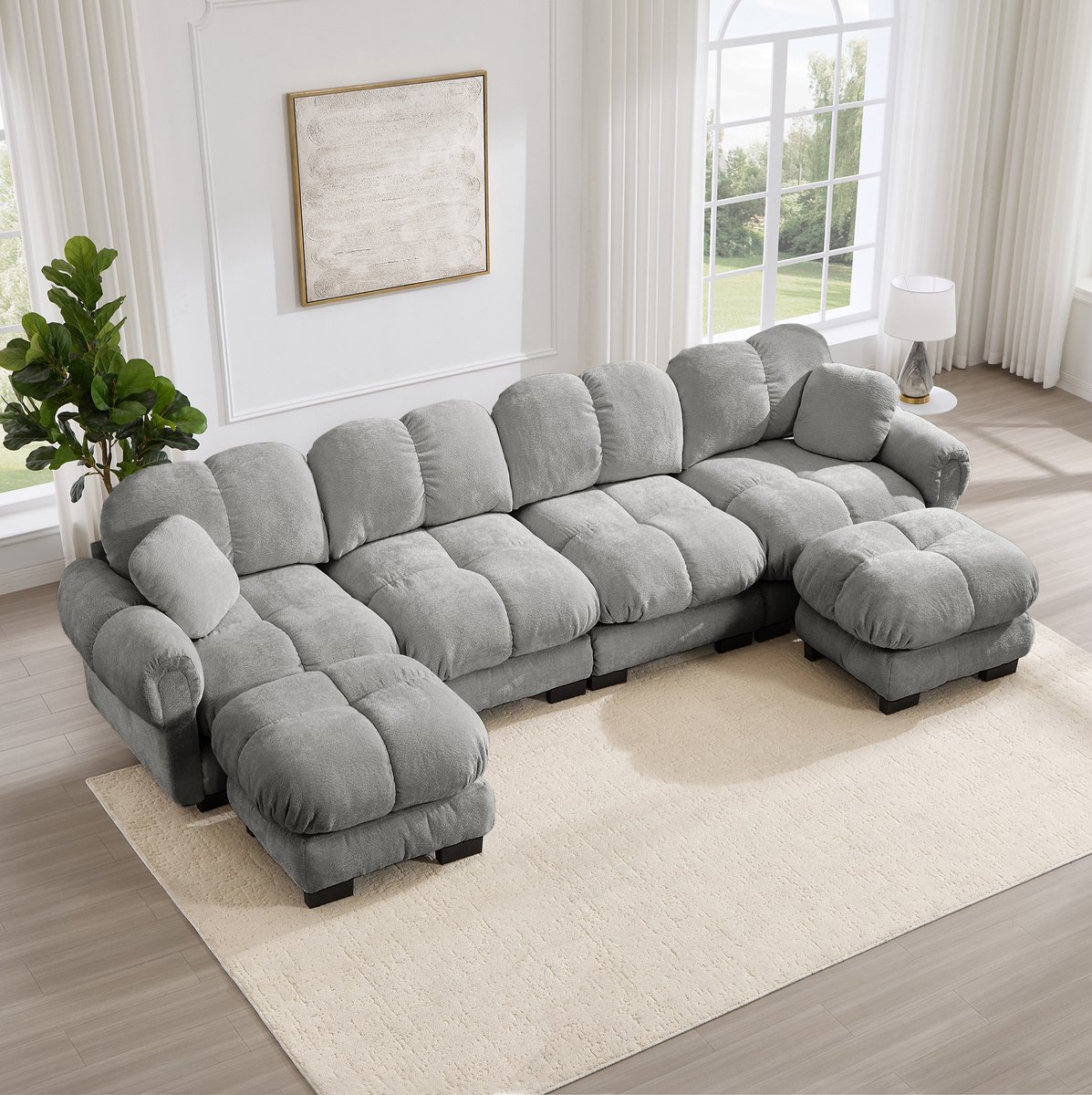 MODENUIT U-bank 4-zits 330 x 149 x 90 cm - Modulair Met 2 Verplaatsbare Hockers - Chenille - Lichtgrijs