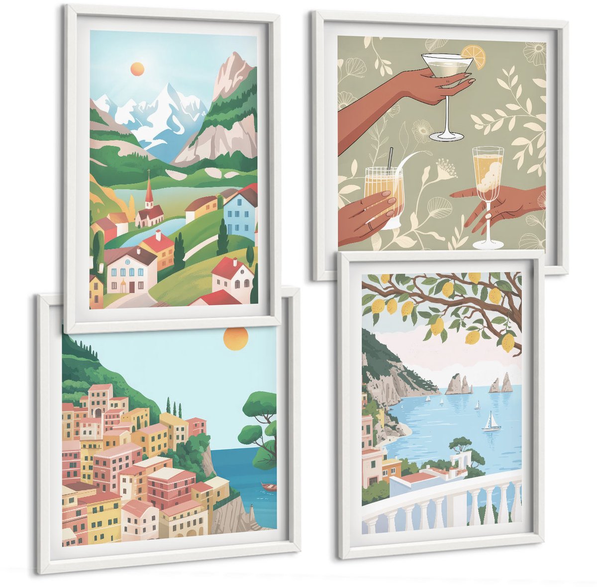 Tulup 4-Delige Schilderij Set - Uitzicht op zee met pastelkleurige huizen - 40x40 en 40x60 - Wanddecoratie - Muurdecoratie - Moderne Interieurdecoratie