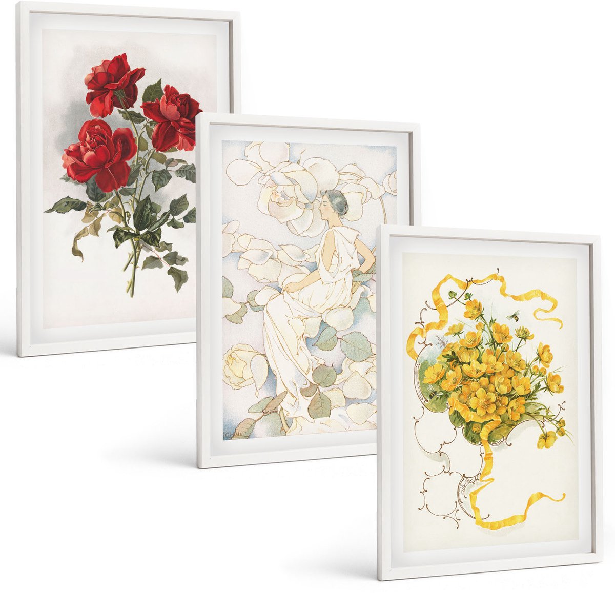 Tulup 3-Delige Schilderij Set - Rode rozen in een witte vaas met gele bloemen. - 40x60 - Stijlvolle Wanddecoratie - Interieur - Muurdecoratie