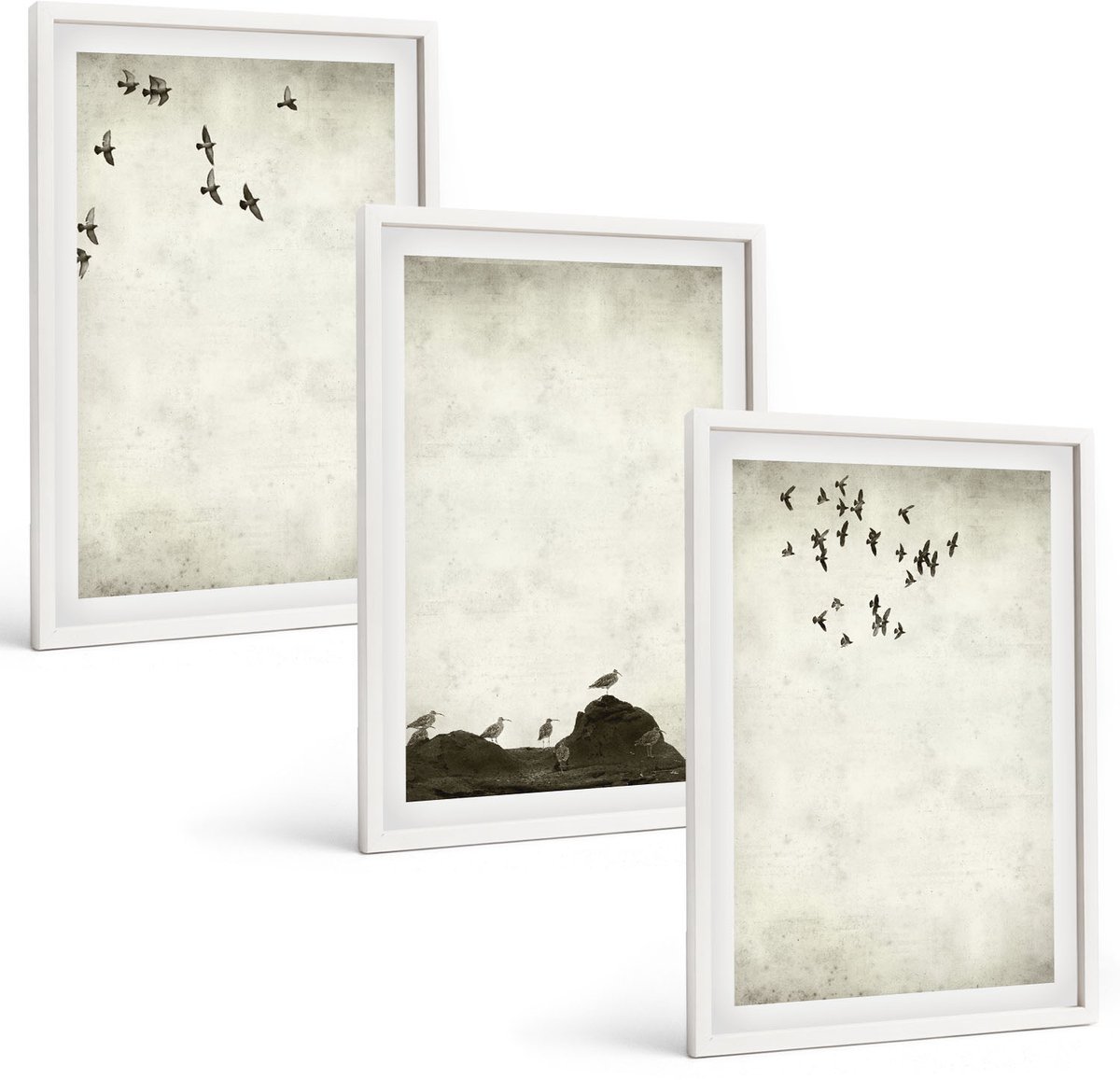 Tulup 3-Delige Schilderij Set - Vliegende zwerm vogels in minimalistische stijl - 40x60 - Muurdecoratie - Wanddecoratie - Slaapkamer