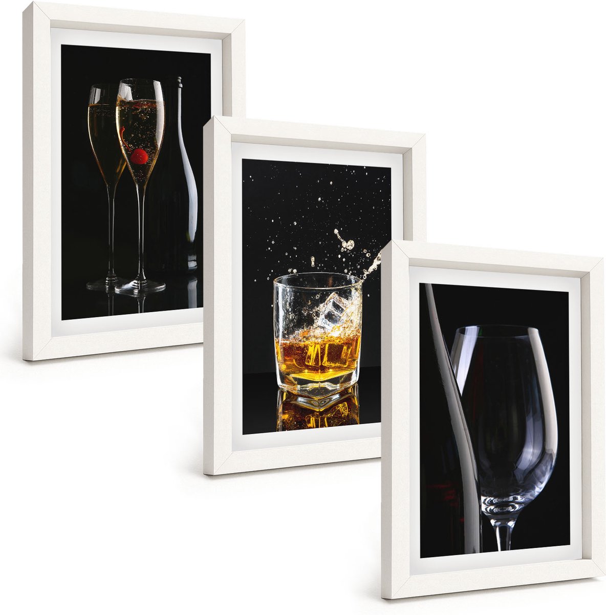 Tulup 3-Delige Schilderij Set - Wijn- en whiskyglazen op een zwarte achtergrond. - 20x30 - Muurdecoratie - Schilderijen Set - Woonkamer - Stijlvolle Muurdecoratie
