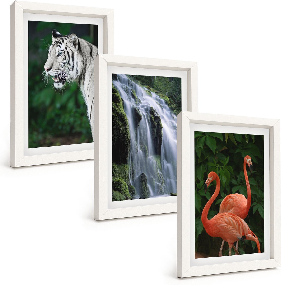 Tulup 3-Delige Schilderij Set - Tijgerwaterval en roze flamingo's in de natuur - 20x30 - Decoratieve Muurdecoratie - Slaapkamer