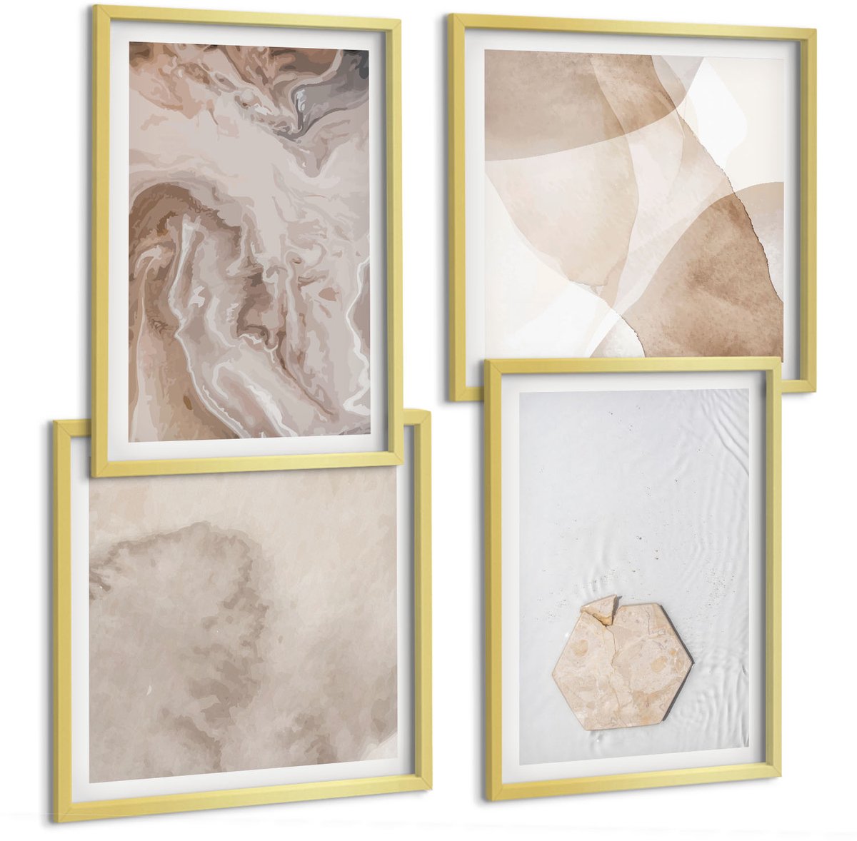 TULUP 4-Delige Schilderij Set - Abstracte vormgeving geïnspireerd door de natuur. - 40 x 40 cm en 40 x 60 cm - Muurdecoratie - Wanddecoratie - Slaapkamer - Moderne Wanddecoratie Gouden lijst