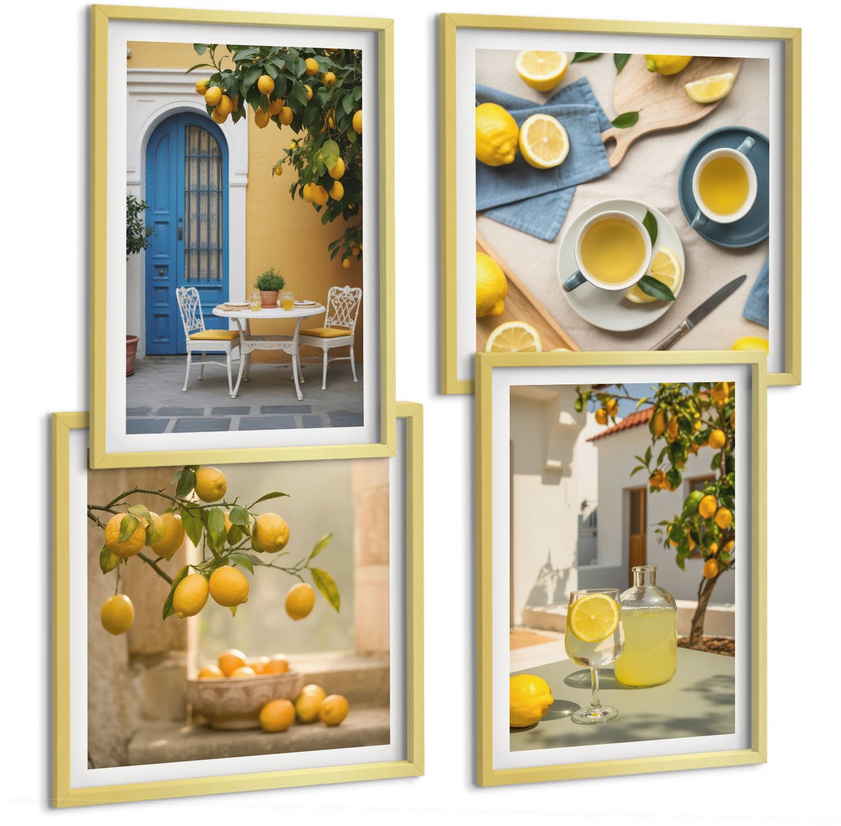TULUP 4-Delige Schilderij Set - Citroenen Limonade Blauwe Deur Zomer Uitzichten - 40 x 40 cm en 40 x 60 cm - Muurdecoratie - Wanddecoratie - Hal - Woonkamer Decoratie Gouden lijst