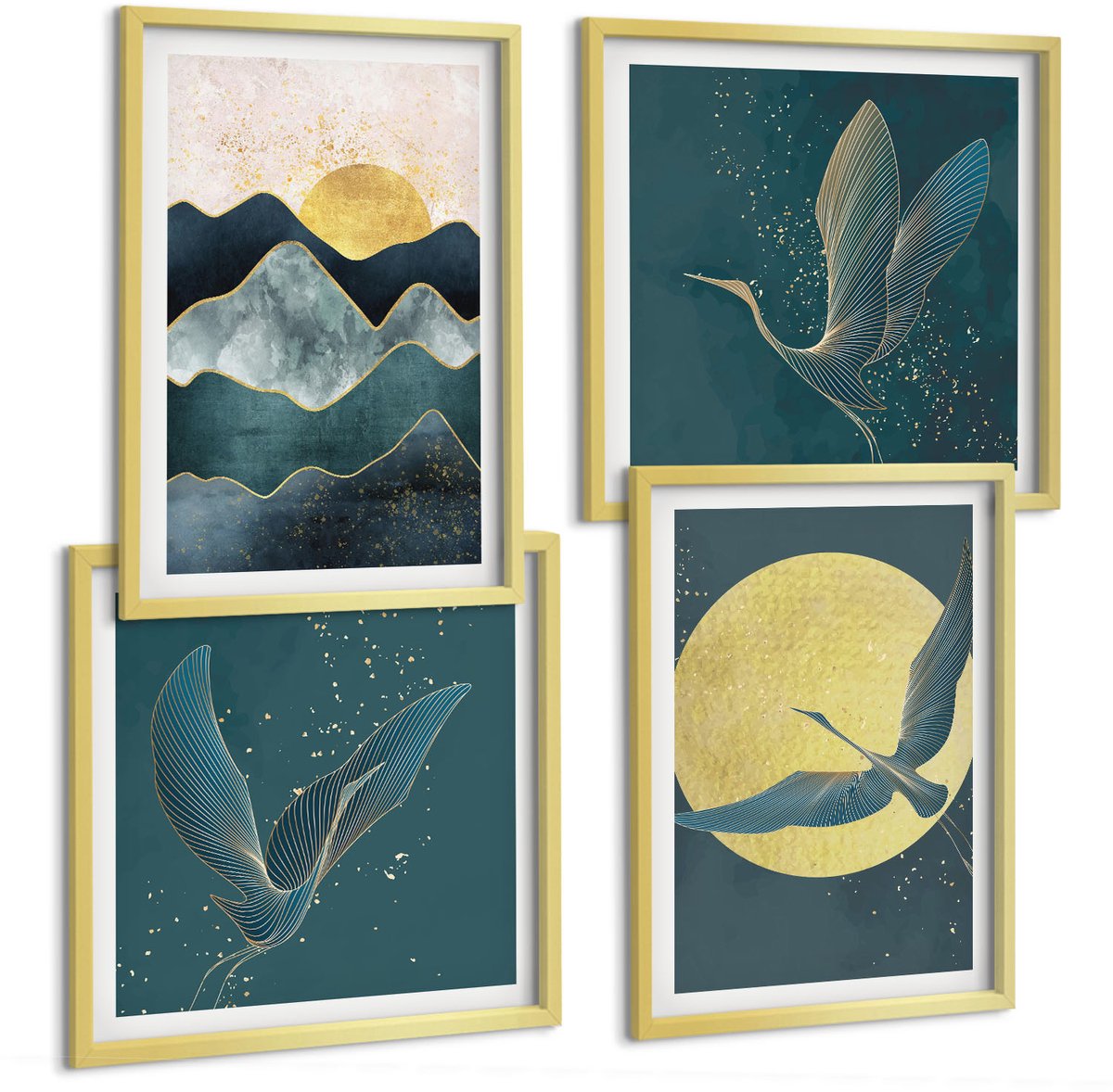TULUP 4-Delige Schilderij Set - Vogels, kraanvogels in vlucht, maan, sterren en berglandschap - 40 x 40 cm en 40 x 60 cm - Muurdecoratie - Wanddecoratie - Hal - Decoratieve Schilderijen Gouden lijst