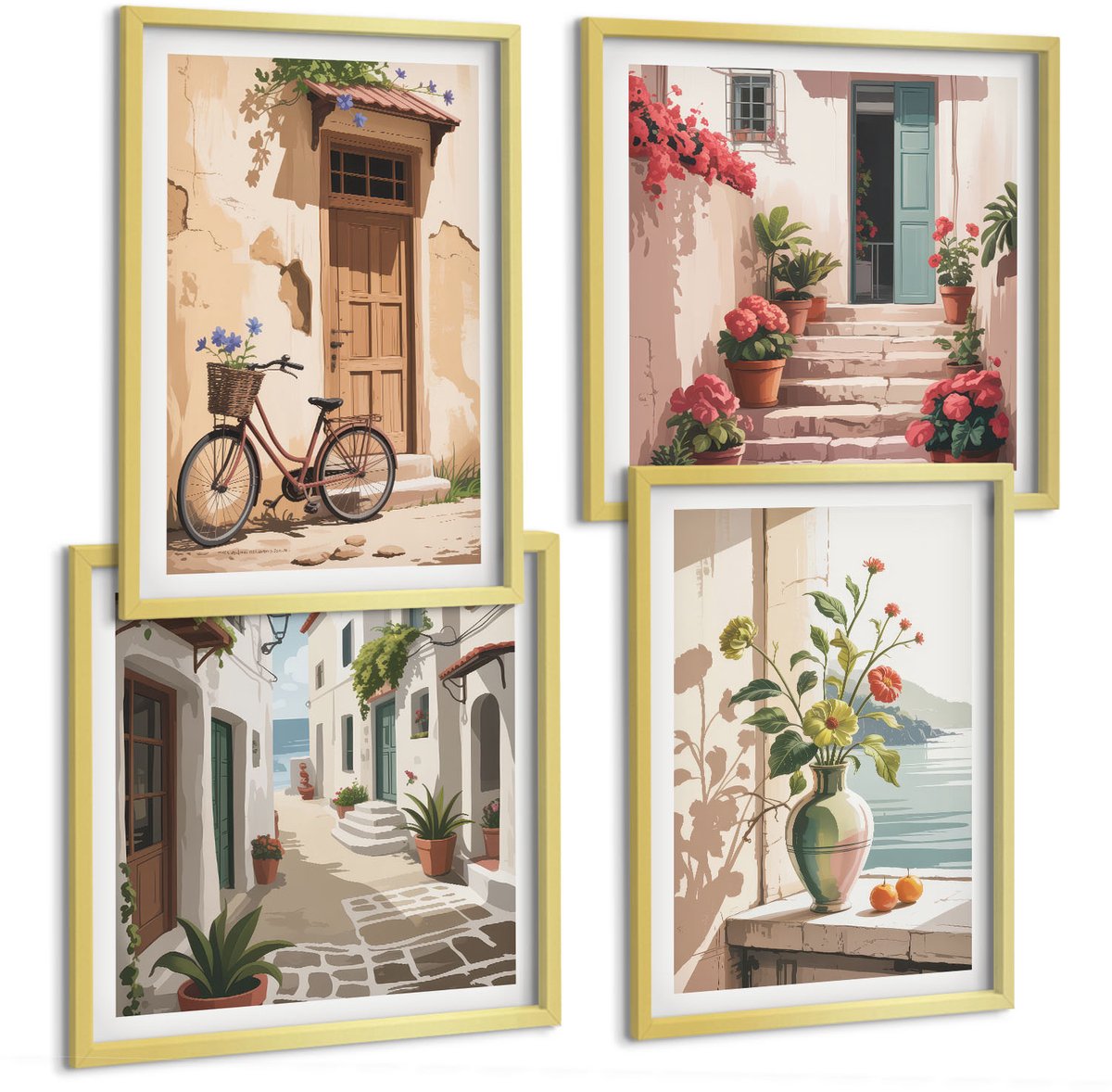 TULUP 4-Delige Schilderij Set - Geschilderde straten met bloemen en een fiets - 40 x 40 cm en 40 x 60 cm - Stijlvolle Muurdecoratie - Slaapkamer Gouden lijst