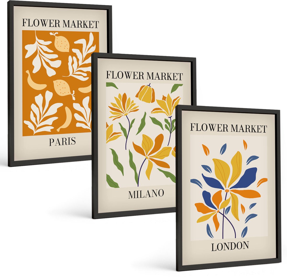 Tulup 4-Delige Schilderij Set - Bloemenposters Parijs Milaan Londen - 40 x 60 cm - Schilderijen Set - Wanddecoratie - Woonkamer - Stijlvolle Muurdecoratie