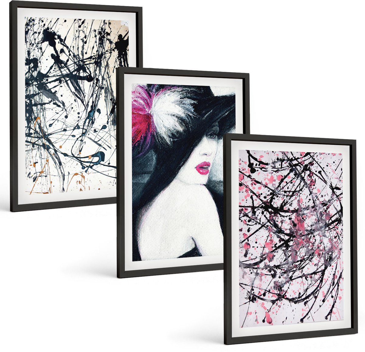 Tulup 4-Delige Schilderij Set - Abstracte verfpatronen Vrouw met hoed - 40 x 60 cm - Stijlvolle Muurdecoratie - Kantoor - Decoratieve Schilderijen