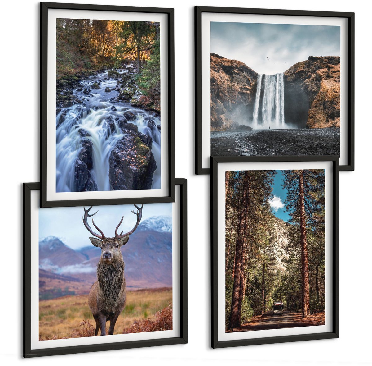 Tulup 4-Delige Schilderij Set - Waterval in het bosgebergte en herten in de natuur - 40 x 40 cm en 40 x 60 cm - Muurdecoratie - Schilderijen Set - Woonkamer - Decoratieve Schilderijen
