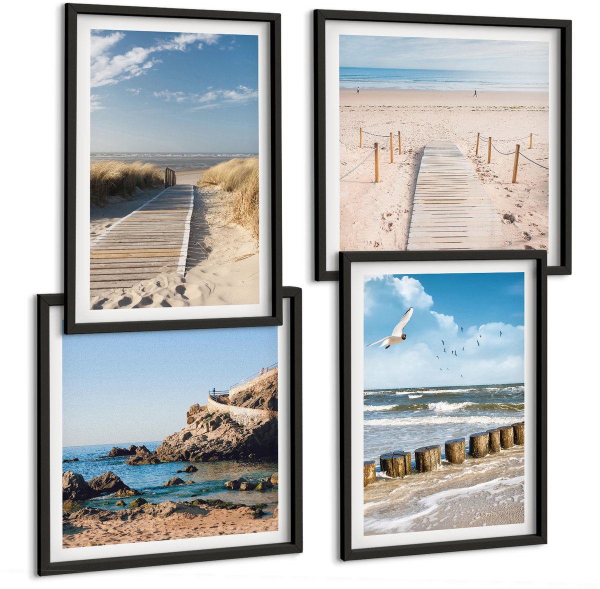 Tulup 4-Delige Schilderij Set - Strand met zand, golven, lucht en vogels in de lucht. - 40 x 40 cm en 40 x 60 cm - Muurdecoratie - Schilderijen Set - Woonkamer - Wanddecoratie