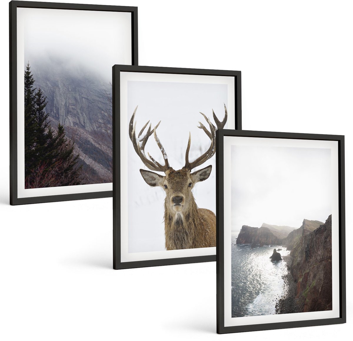 Tulup 4-Delige Schilderij Set - Berglandschap met mist, water en herten - 40 x 60 cm - Decoratieve Muurdecoratie - Slaapkamer - Woonkamer Decoratie