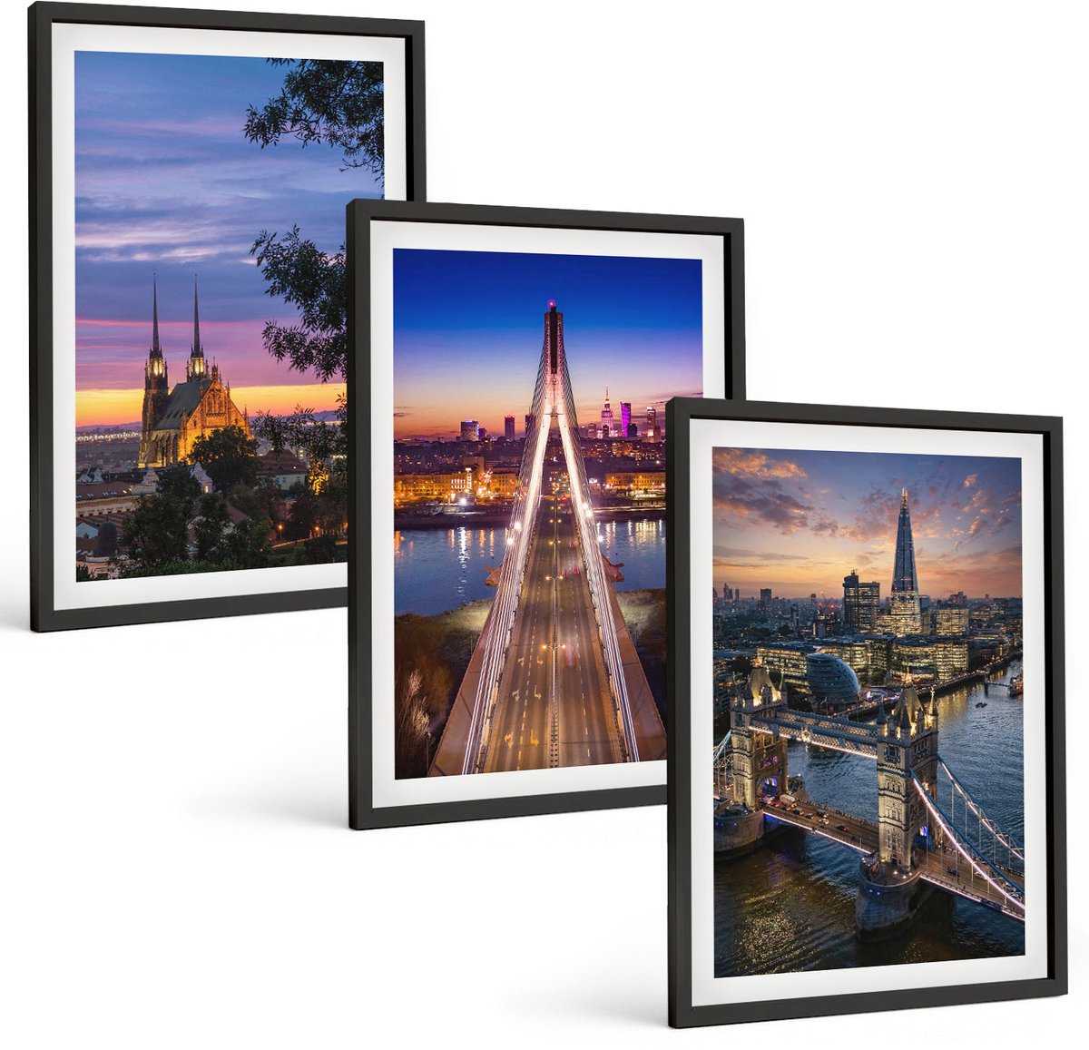 Tulup 4-Delige Schilderij Set - Stadsgezichten met bruggen en zonsondergangen - 40 x 60 cm - Wanddecoratie - Schilderijen Set - Kantoor