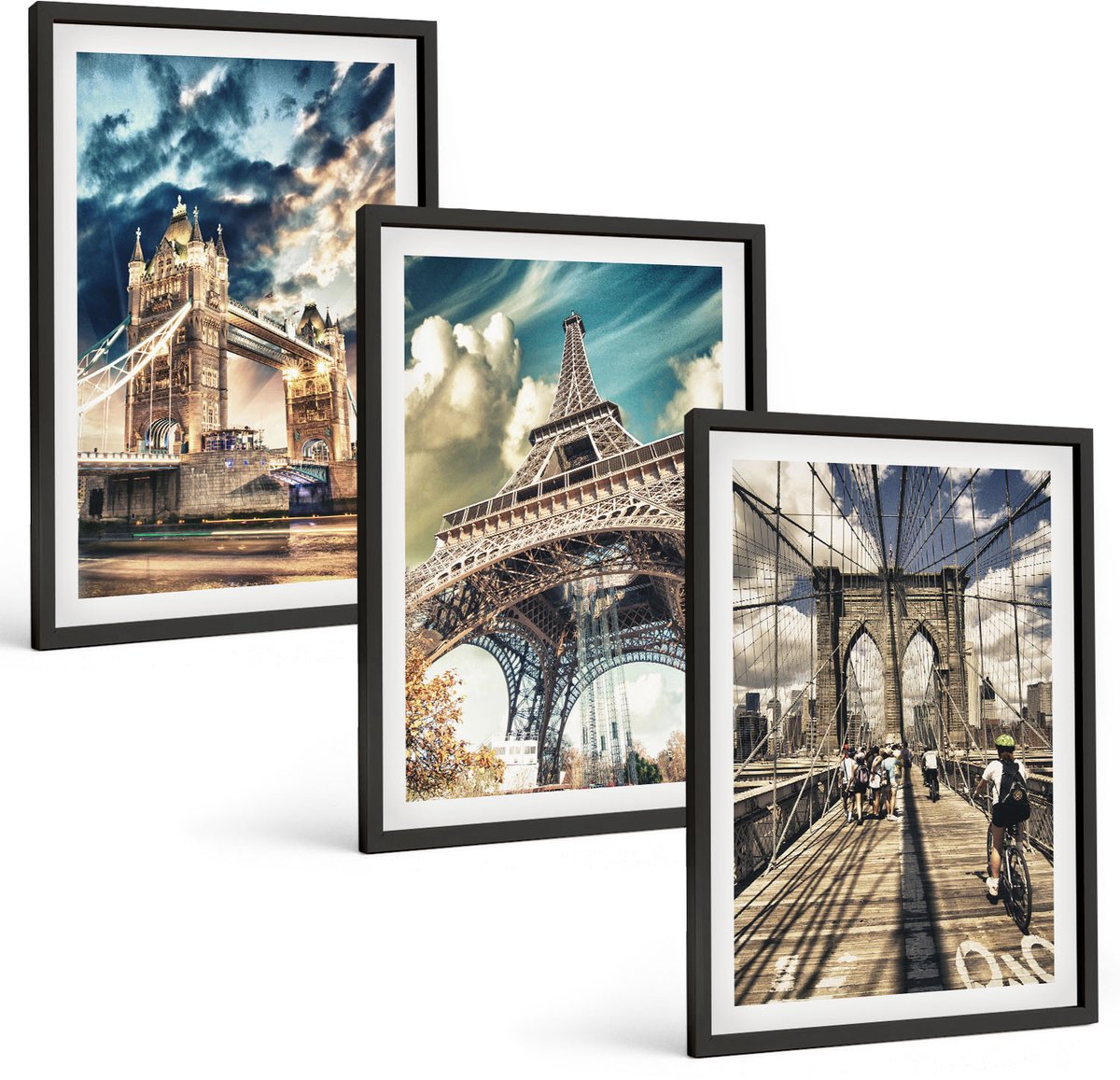 Tulup 4-Delige Schilderij Set - Bruggen en torens in Europese steden - 40 x 60 cm - Wanddecoratie - Schilderijen Set - Kantoor - Muurdecoratie