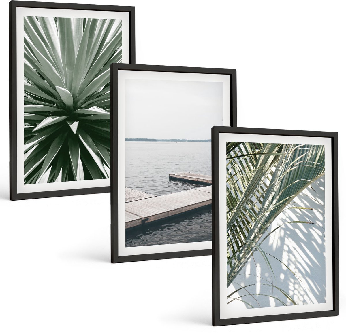 Tulup 4-Delige Schilderij Set - Palmbladerenplant en houten brug - 40 x 60 cm - Wanddecoratie - Schilderijen Set - Interieur - Muurdecoratie