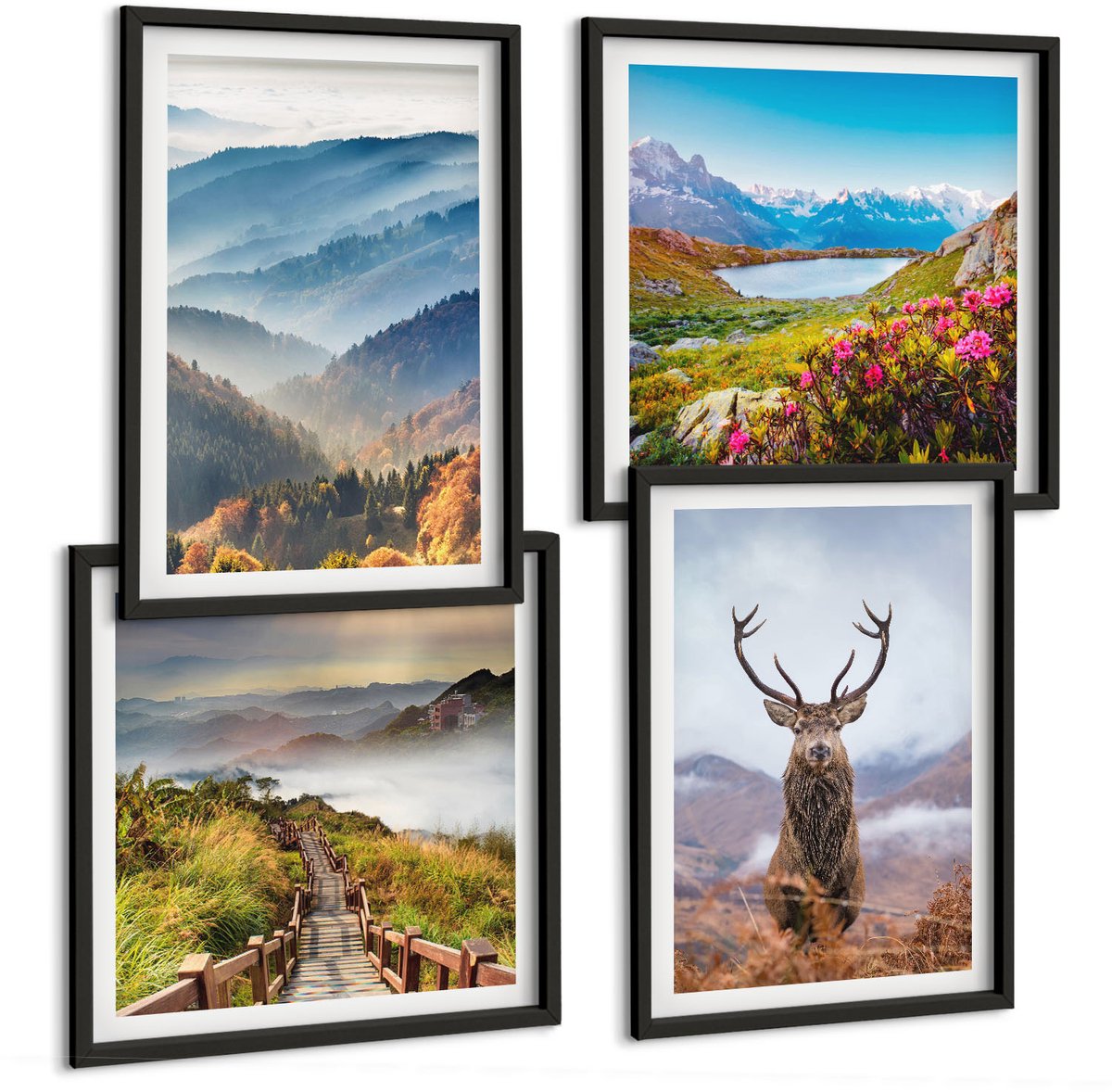 Tulup 4-Delige Schilderij Set - Berglandschappen met meer en herten in de natuur - 40 x 40 cm en 40 x 60 cm - Moderne Wanddecoratie - Slaapkamer - Muurdecoratie