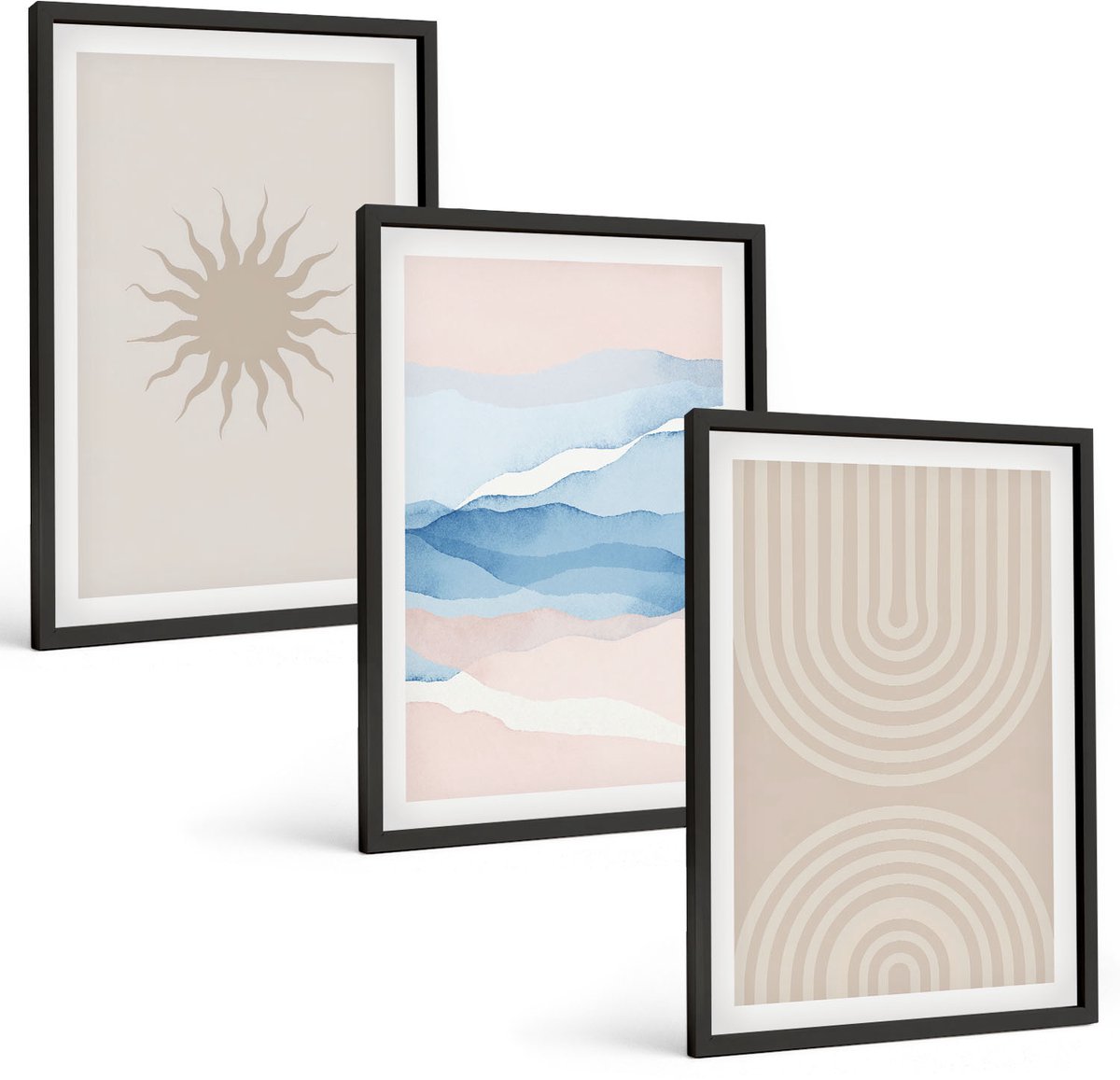 Tulup 4-Delige Schilderij Set - Zonnegolven en abstracte lijnen in pastelkleuren - 40 x 60 cm - Muurdecoratie - Interieur Decoratie - Decoratieve Schilderijen
