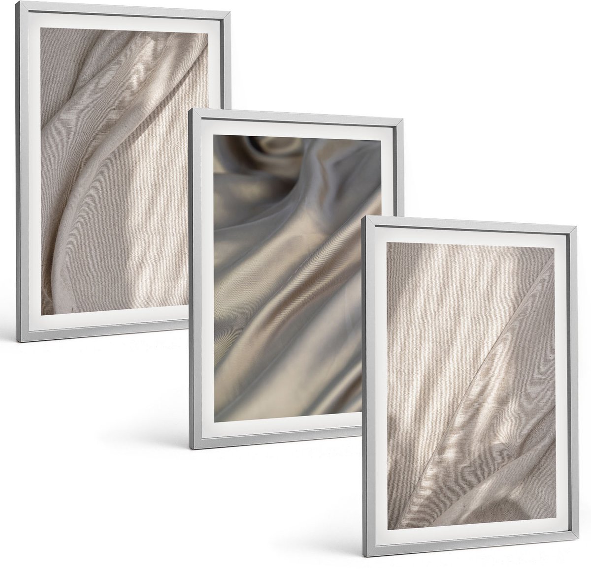 TULUP 4-Delige Schilderij Set - Natuurlijke textielstructuren van dichtbij - Boho - 40 x 60 cm - Muurdecoratie - Wanddecoratie - Hal - Woonkamer Decoratie Zilveren lijst