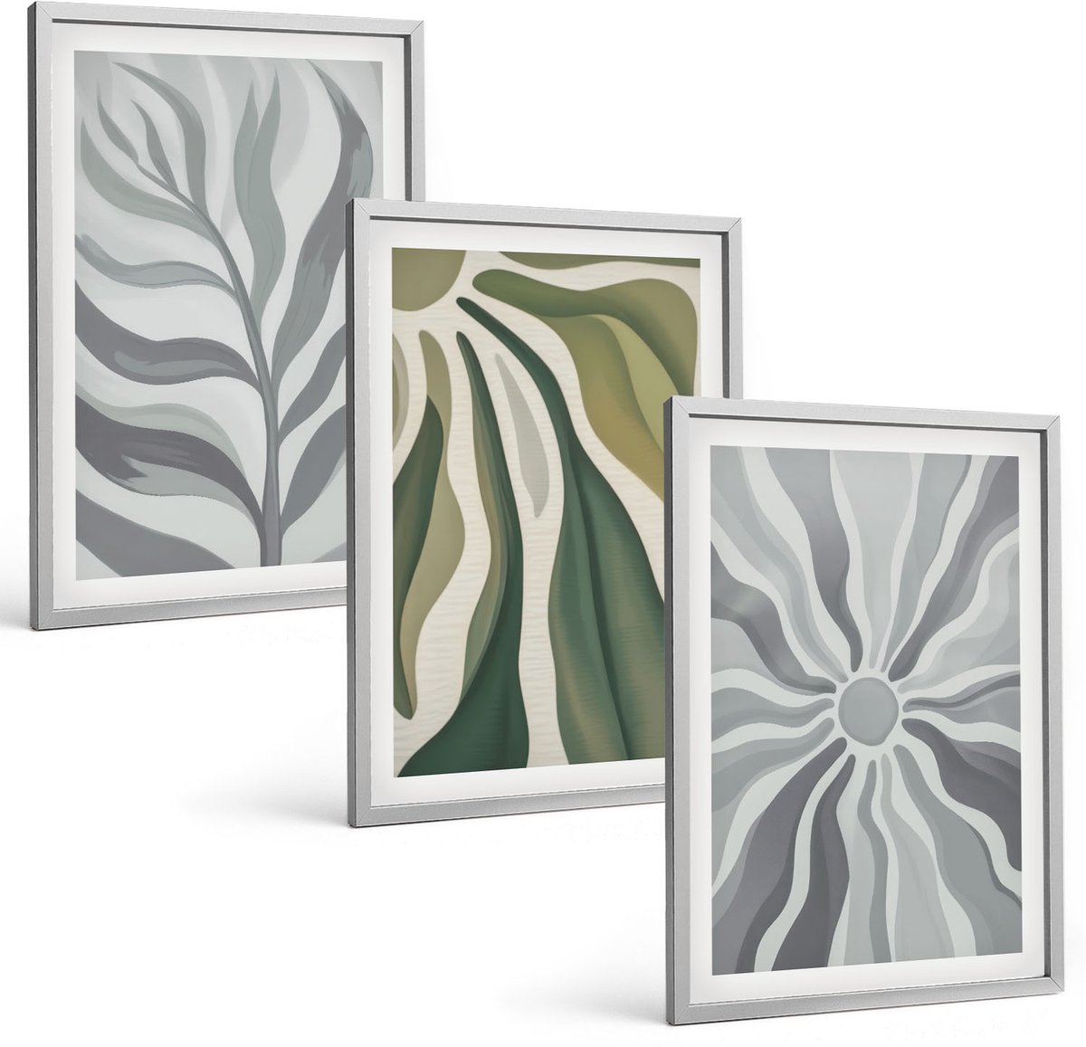 TULUP 4-Delige Schilderij Set - Plantenpatronen in tinten groen en grijs - 40 x 60 cm - Stijlvolle Muurdecoratie - Slaapkamer Zilveren lijst
