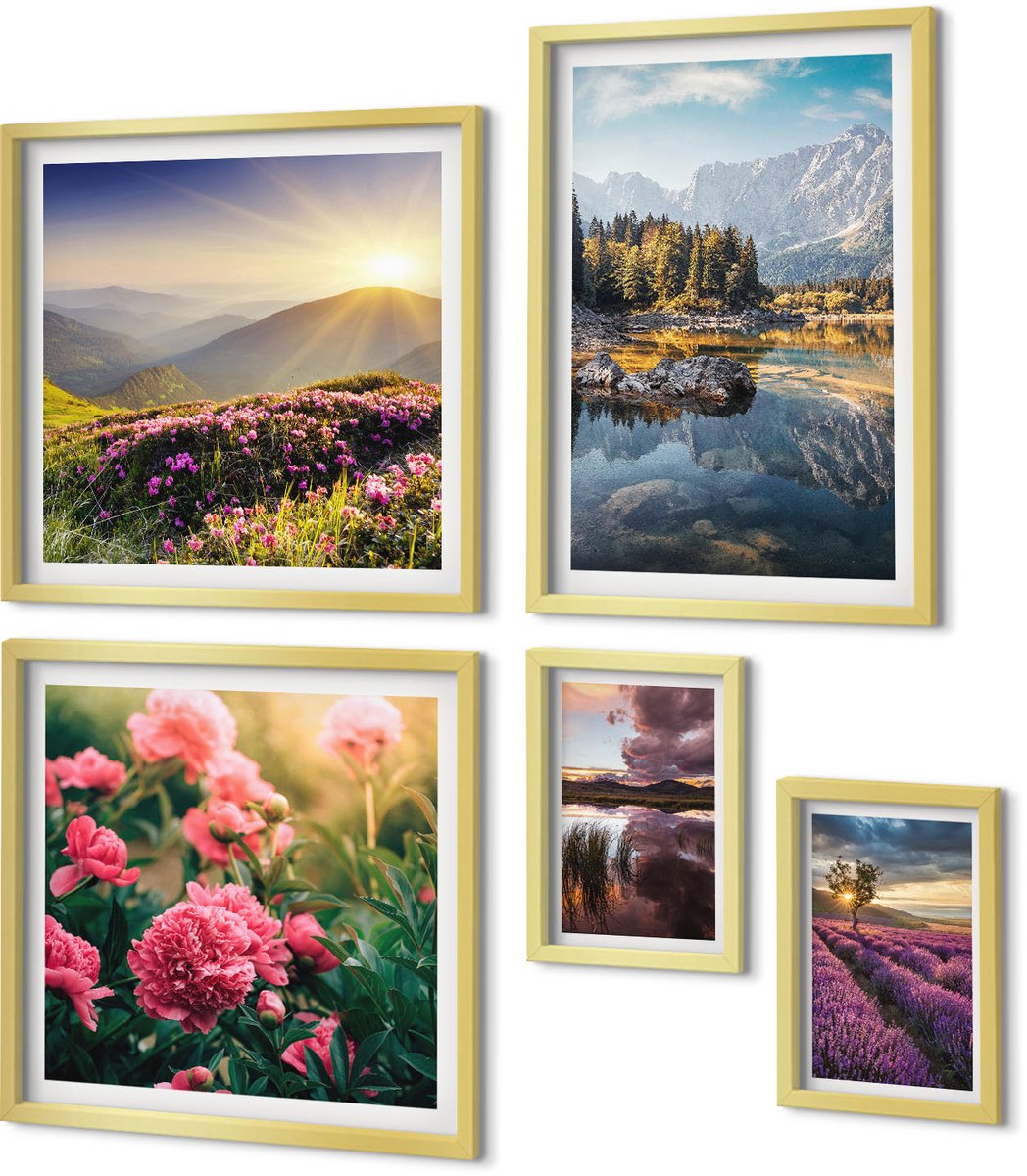 Coloray 5-Delige Schilderij Set - Natuurlandschappen Met Bloemen En Uitzicht Op De Bergen - 50 x 50 cm, 20 x 30 cm En 40 x 60 cm - Moderne Wanddecoratie - Woonkamer - Woonkamer Decoratie