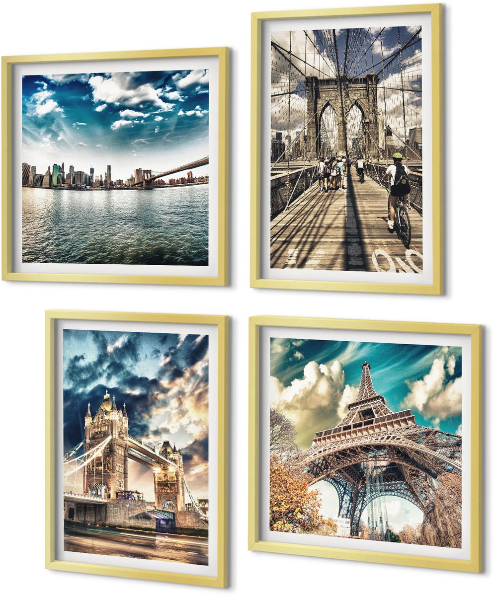 Coloray 4-Delige Schilderij Set - Bruggen en torens in Europese steden - 40 x 40 cm en 40 x 60 cm - Decoratieve Schilderijen - Wanddecoratie - Hal - Stijlvolle Muurdecoratie