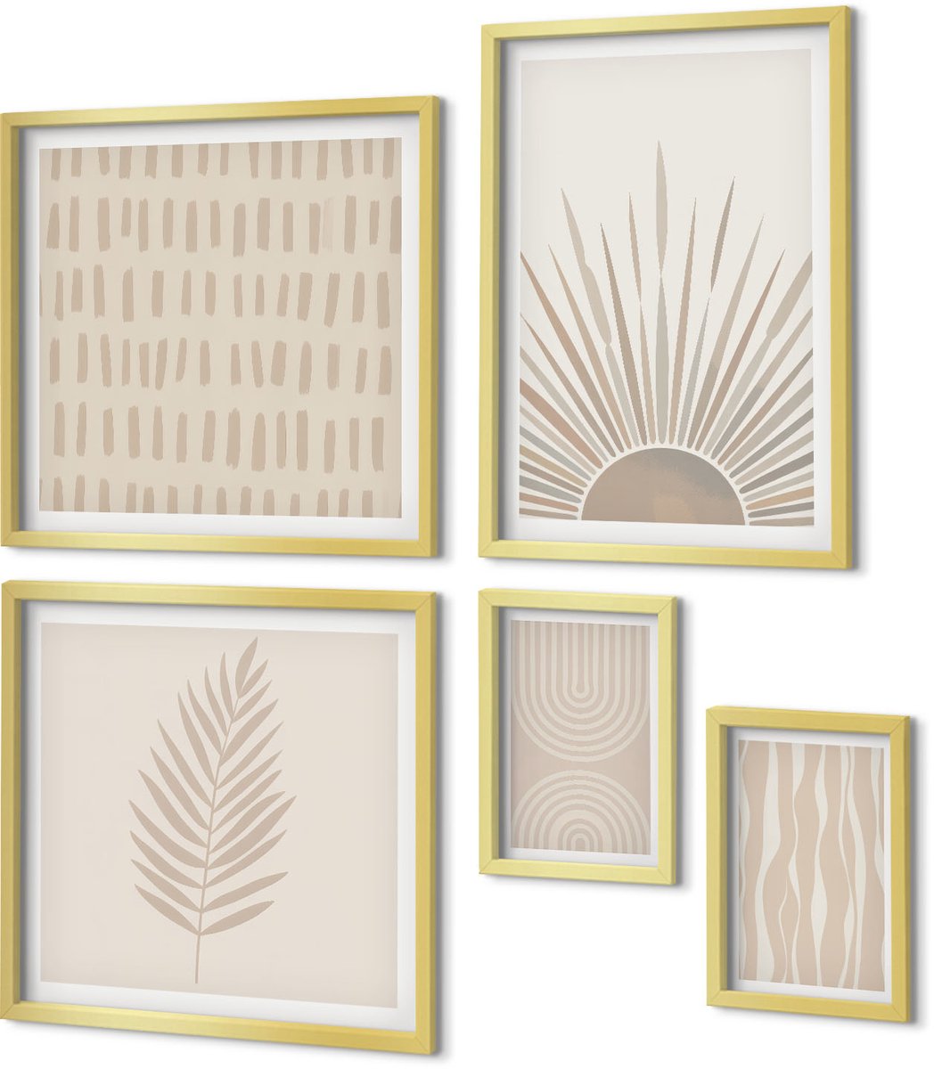 Coloray 5-Delige Schilderij Set - Stijlvolle Decoraties In Natuurlijke Tinten En Geometrische Patronen. - 50 x 50 cm, 20 x 30 cm En 40 x 60 cm - Wanddecoratie - Muurdecoratie - Woonkamer - Decoratieve Schilderijen
