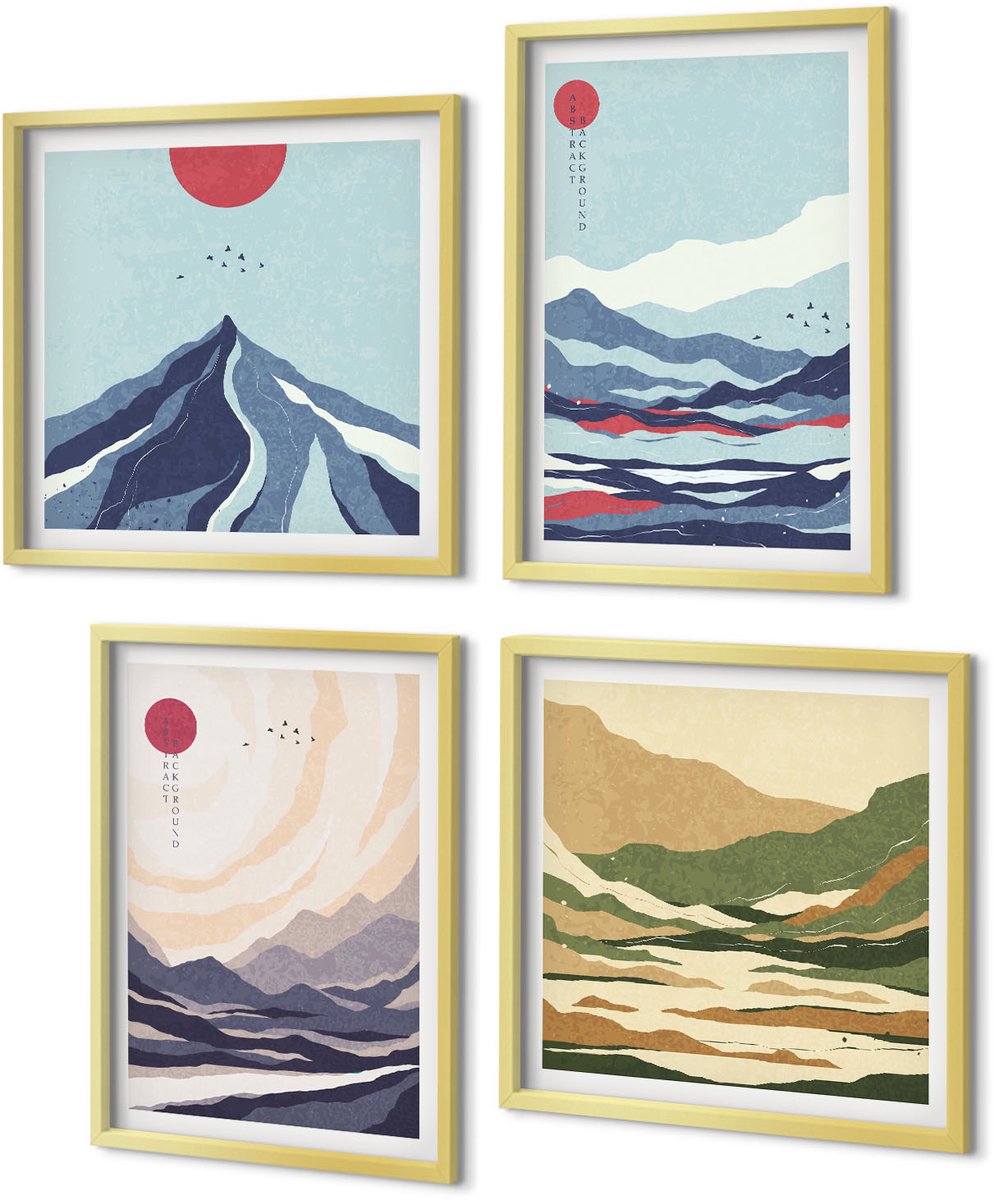 Coloray 4-Delige Schilderij Set - Abstracte berglandschappen in Japanse stijl - 40 x 40 cm en 40 x 60 cm - Moderne Wanddecoratie - Slaapkamer - Muurdecoratie