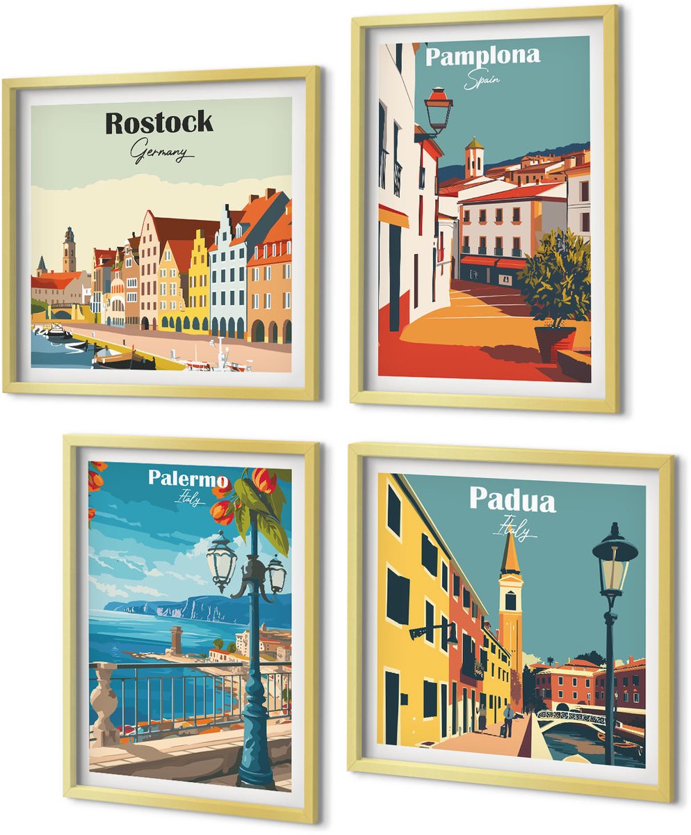 Coloray 4-Delige Schilderij Set - Populaire steden in retro illustratieve stijl - 40 x 40 cm en 40 x 60 cm - Muurdecoratie - Wanddecoratie - Hal - Stijlvolle Muurdecoratie