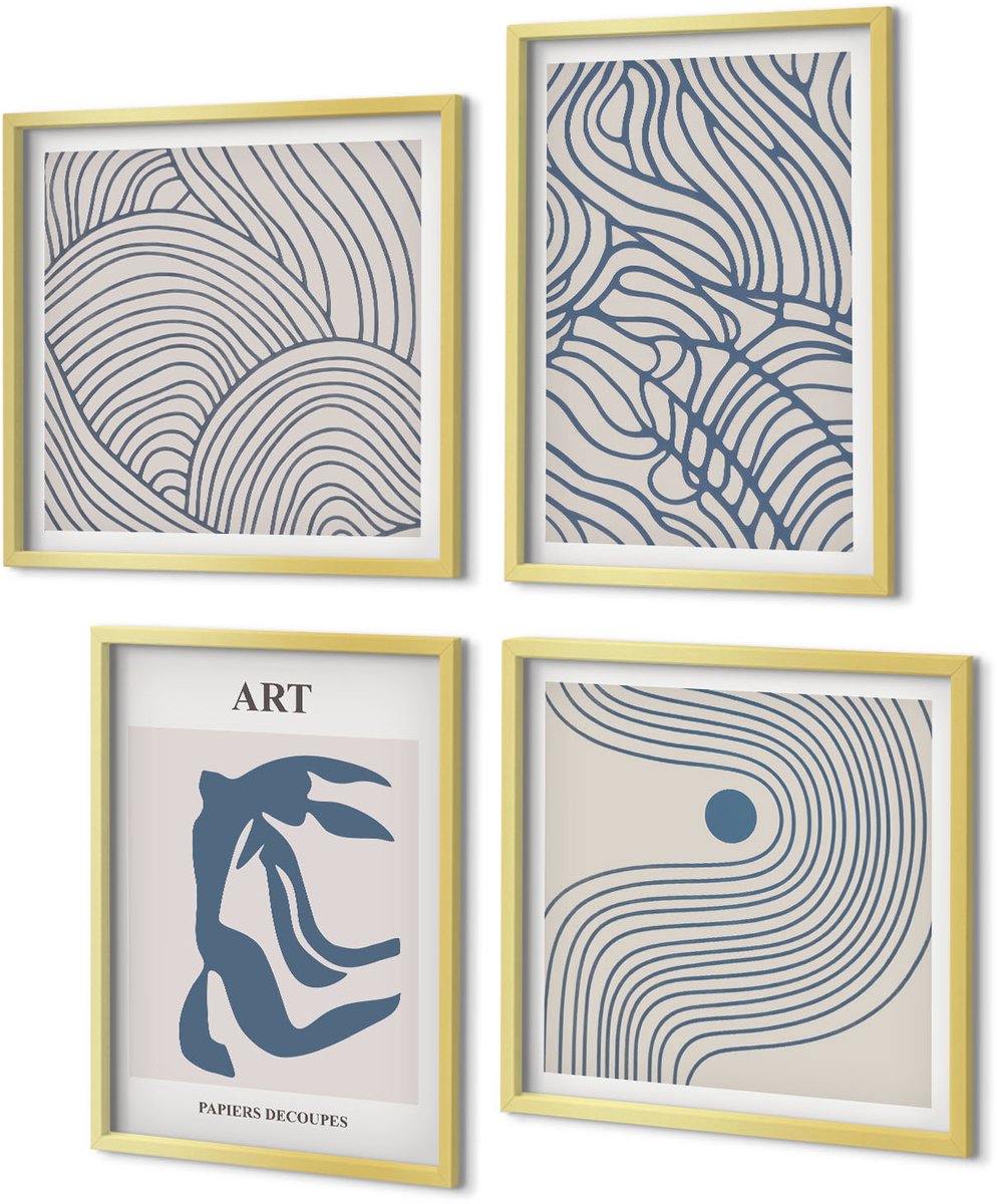 Coloray 4-Delige Schilderij Set - Abstracte lijnen in tinten blauw en beige. - 40 x 40 cm en 40 x 60 cm - Wanddecoratie - Woonkamer Decoratie - Muurdecoratie