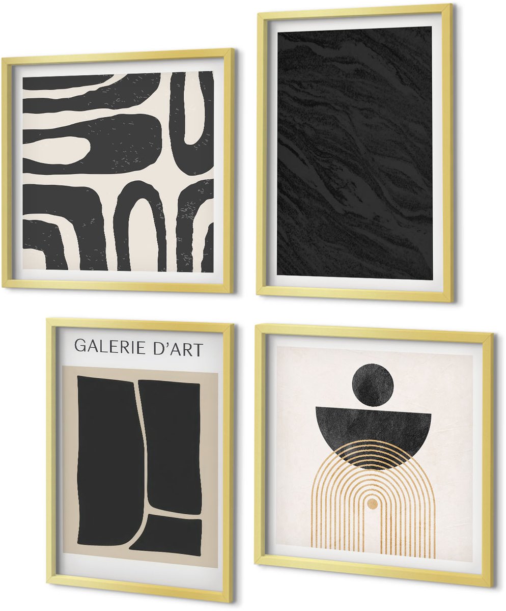 Coloray 4-Delige Schilderij Set - Abstracte vormen en donker marmer - 40 x 40 cm en 40 x 60 cm - Muurdecoratie - Wanddecoratie - Slaapkamer - Stijlvolle Muurdecoratie