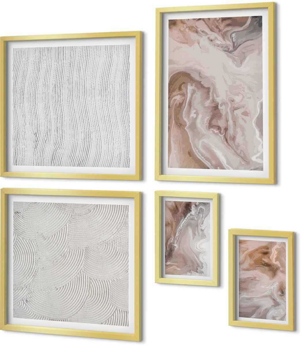 Coloray 5-Delige Schilderij Set - Abstracte Marmerpatronen Met Steenstructuur - 50 x 50 cm, 20 x 30 cm En 40 x 60 cm - Decoratieve Schilderijen - Wanddecoratie - Hal