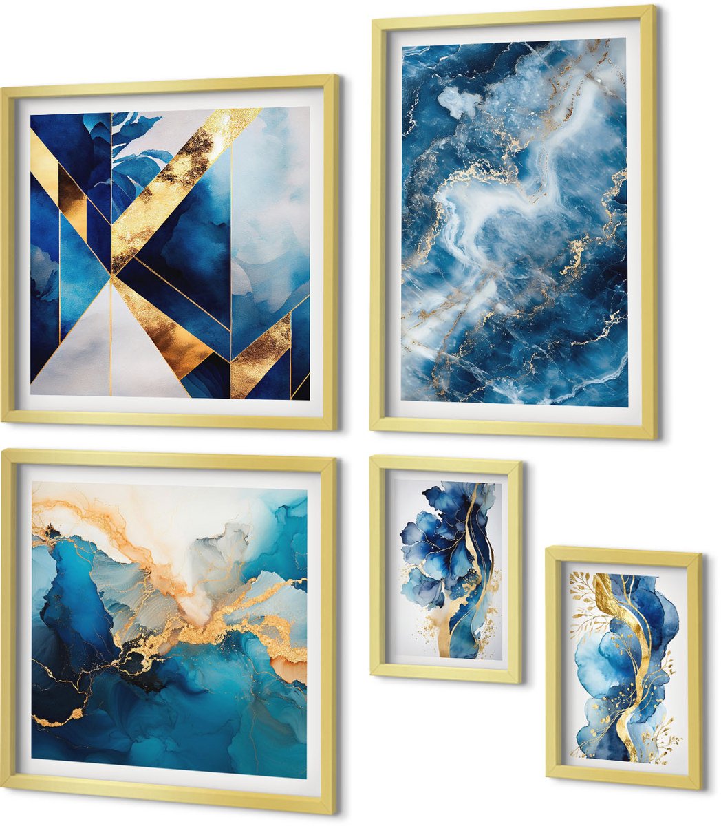 Coloray 5-Delige Schilderij Set - Abstracte Composities In Blauwe Tinten - 50 x 50 cm, 20 x 30 cm En 40 x 60 cm - Muurdecoratie - Interieur Decoratie - Wanddecoratie