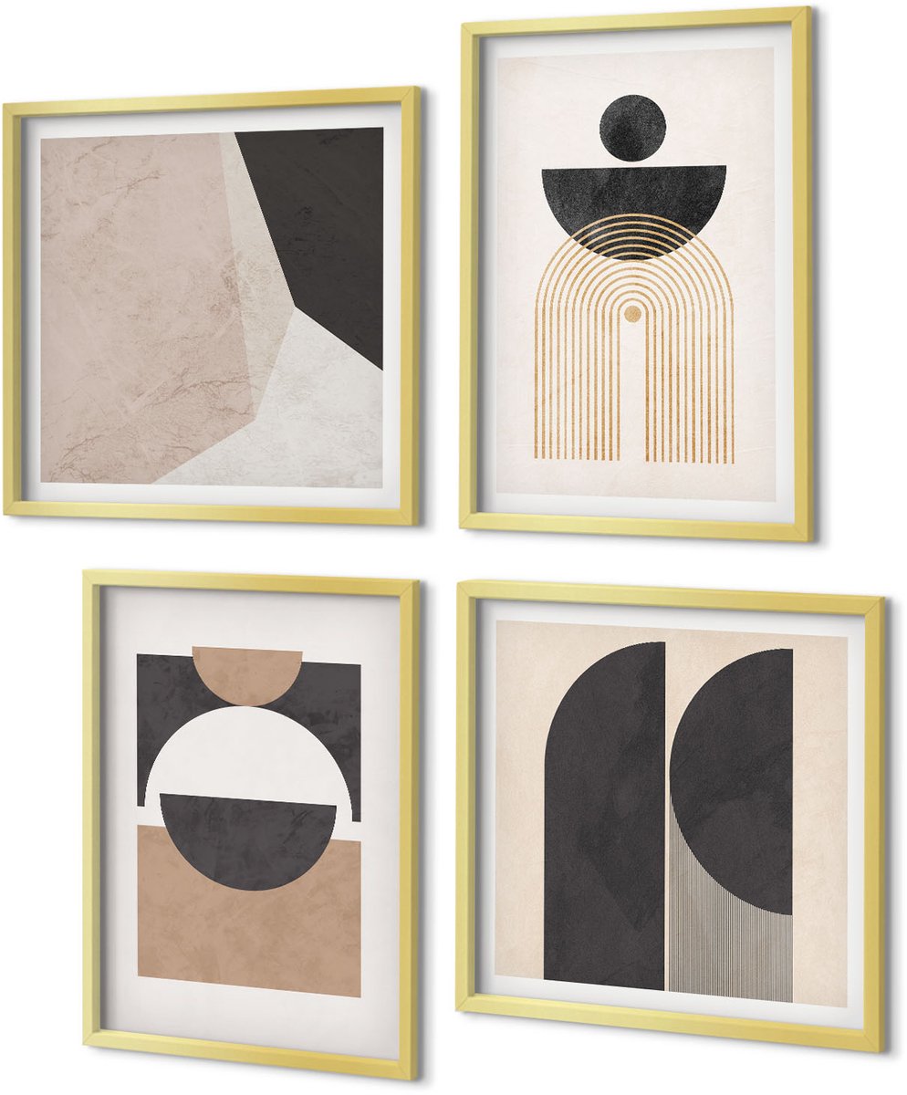 Coloray 4-Delige Schilderij Set - Abstracte vormen in beige en bruine tinten. - 40 x 40 cm en 40 x 60 cm - Decoratieve Muurdecoratie - Slaapkamer - Moderne Wanddecoratie