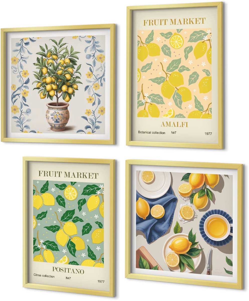 Coloray 4-Delige Schilderij Set - Italiaanse posters met citrusbomen en fruit - 40 x 40 cm en 40 x 60 cm - Decoratieve Muurdecoratie - Slaapkamer - Woonkamer Decoratie