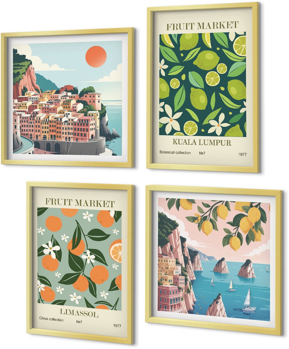 Coloray 4-Delige Schilderij Set - Vintage posters met fruitpatronen - 40 x 40 cm en 40 x 60 cm - Decoratieve Schilderijen - Woonkamer - Interieur - Wanddecoratie
