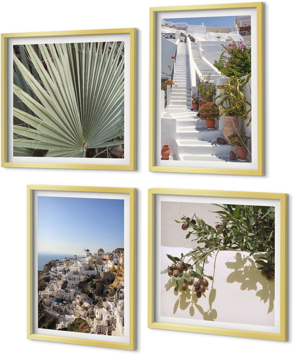 Coloray 4-Delige Schilderij Set - Witte trappen op Santorini met uitzicht over de stad - 40 x 40 cm en 40 x 60 cm - Stijlvolle Muurdecoratie - Slaapkamer - Woonkamer Decoratie