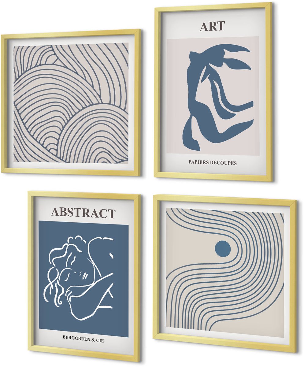 Coloray 4-Delige Schilderij Set - Abstracte decoratieve lijnen en golfvormen poster - 40 x 40 cm en 40 x 60 cm - Muurdecoratie - Interieur Decoratie - Woonkamer Decoratie