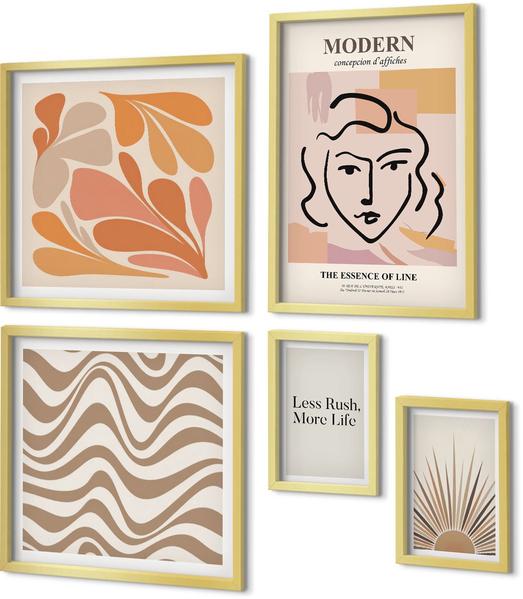 Coloray 5-Delige Schilderij Set - Moderne Stijl Met Abstracte Motieven En Lijnen - 50 x 50 cm, 20 x 30 cm En 40 x 60 cm - Moderne Wanddecoratie - Slaapkamer