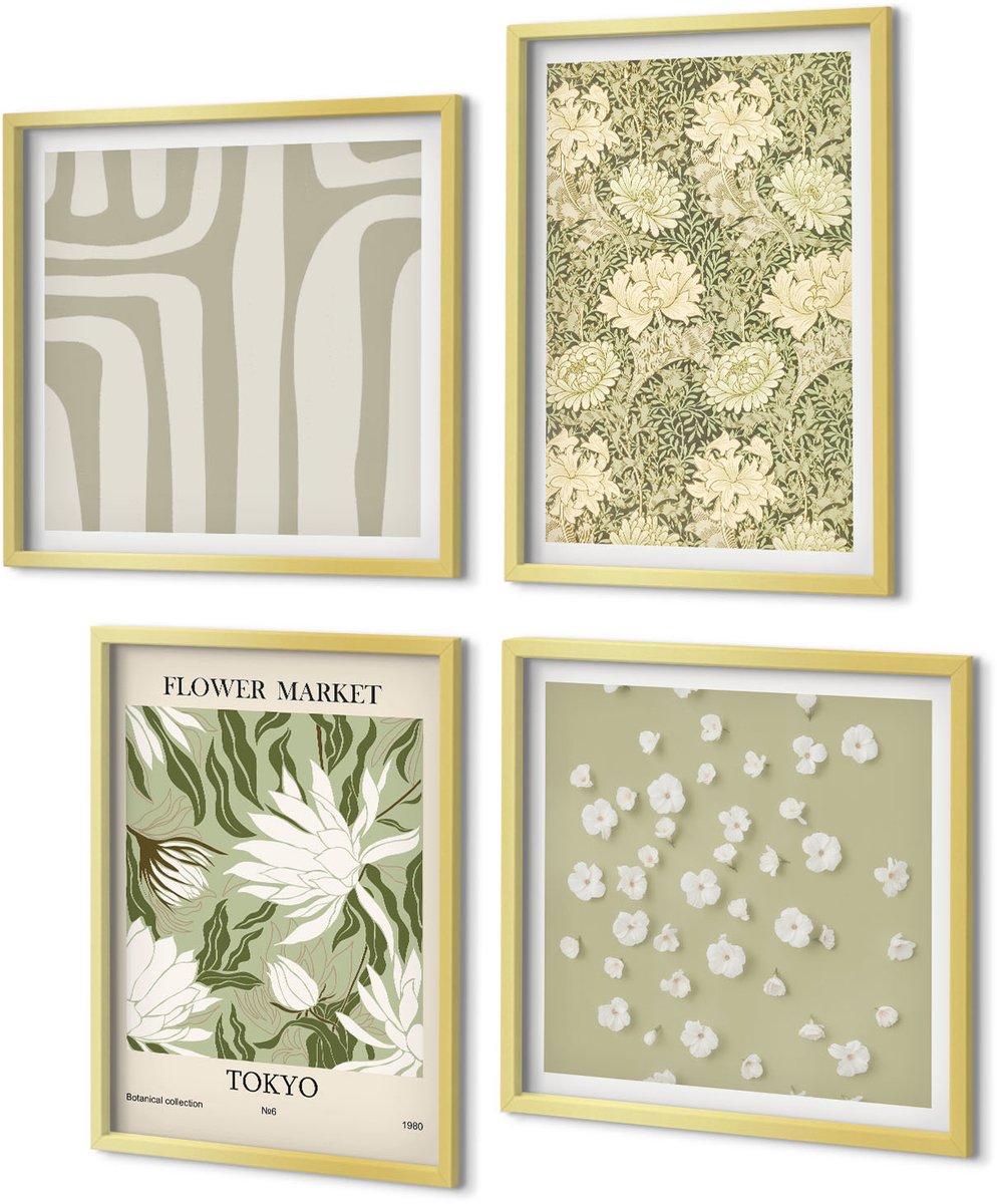 Coloray 4-Delige Schilderij Set - Boho-plantencomposities in pastelkleuren - 40 x 40 cm en 40 x 60 cm - Decoratieve Muurdecoratie - Slaapkamer